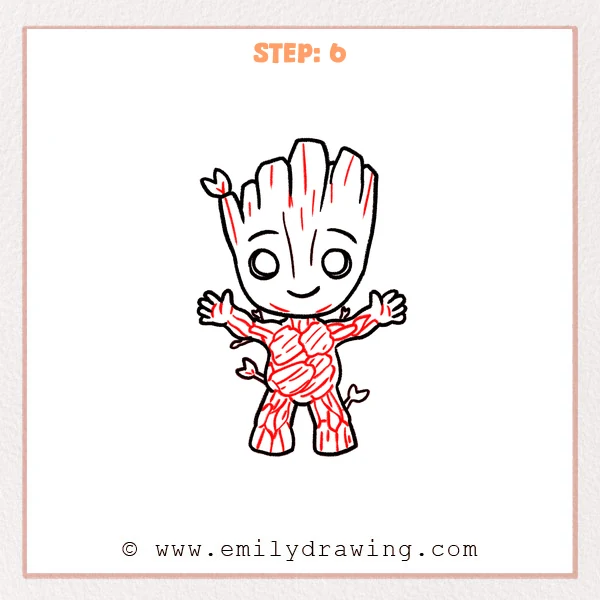how to draw a baby groot - Step 6: Finished Baby Groot with bark cracks, chest wood plates, small sprouts, and clean thicker outlines.